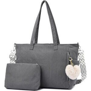 Women Gray Corduroy With Polyester Fiber Lining Shoulder Handbag with Pouch